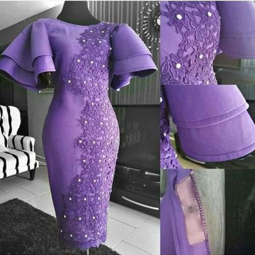 Real Image Purple Lace Sheath Evening Dresses 2021 Elastic Puffy Short Sleeves African Prom Gowns Tea Length Formal Dresses