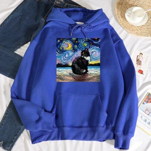 Cat Starry Sky Universe Printing Womens Hoody Autumn High Quality Sweatshirt Autumn Warm Casual Hooded Hip Hop Loose Mens Tops