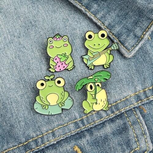 1PC Enamel Pin Custom Frog Lotus Leaf Brooches Bag Lapel Pin Cartoon Animal Badge