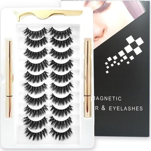 10 Pairs 3D Faux Mink Lashes Non-Magnetic Eyelashes Free Self-Adhesive Eyeliner&Tweezers Waterproof Liquid Makeup Tool Drop ship