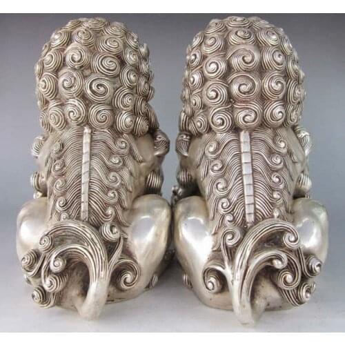 9.8"Healing Collectibles Antique old Tibetan Silver grand silver lion statue copper tools wedding Decoration Brass Bronze