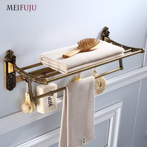 Towel Racks Bathroom Antique Bronze Aluminum Towel Rack with Hook Bath Shelf Active Towel holder Foldeable Wall Mounted Shelves