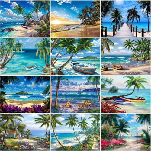 AZQSD Diy Painting By Number Seaside Tree Handpainted Modern Wall Art Picture By Numbers Canvas Seascape Kits Home Decor