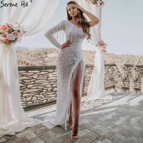 Serene Hill White Mermaid High Split Sexy Evening Dresses One Shoulder Beading Tassel Luxury Formal Dress Gowns Design DLA70750