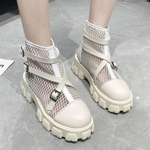 Lucyever Women Boots Sandals 2021 Summer New Mesh Breathable Woman Ankle Boots PU Leather Cross Strap Cool Boot Female Shoes