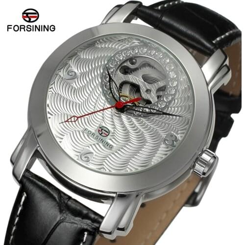 Forsining Top Brand Golden Luxury Corrugated Designer Mens Automatic Luxury Small Dial Diamond Display Skeleton Leather Watches