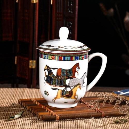 High bone China oriental horse office teacup with cover Jingdezhen porcelain love horse hotel conference tea cup free shipping