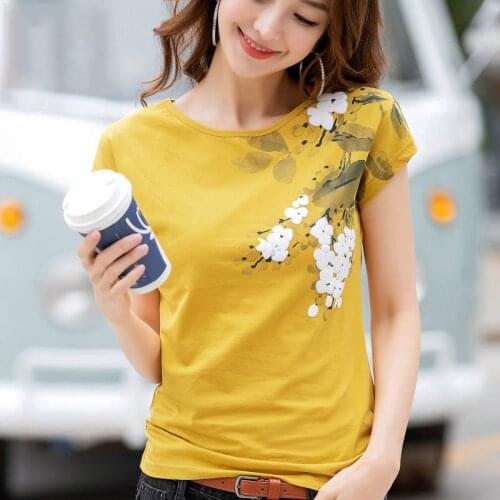 Summer Tops Batwing Sleeve T Shirts 95% Cotton Women Ethnic Ink Painting Print O neck Solid color White Bottoming Tees Shirts