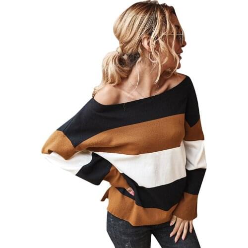 2020 New Womens Clothing T-shirt Fashion Contrast Color Striped Sweater Original Design Round Neck Long Sleeve Tops Women kpop