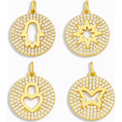 OCESRIO Fashion CZ Coin Fatima Hand Necklace Charms for Women Gold Butterfly Pendant Charms for jewelry Making Wholesale pdta214