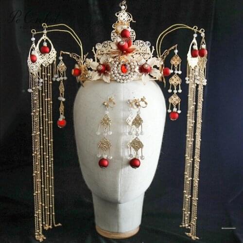 PEORCHID Red Gold Ancient Traditional Chinese Bridal Tiara Hair Crown Tassel Wedding Hair Decoration Jewelry Bride Head Piece