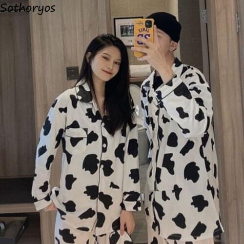 Pajama Sets Women Printed Cow Korean-style Couples Long-sleeve Homewear Clothing Comfortable Students Loose Leisure Fashion Chic