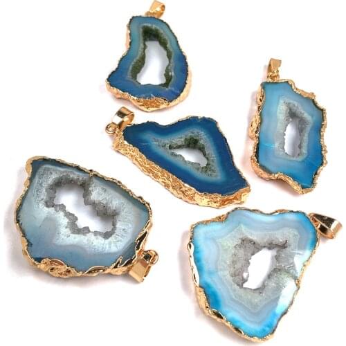 Natural Stone Druzy Crystal Pendants Trendy Irregular Blue Agates Pendant Charms For Jewelry Making DIY Necklaces Accessories