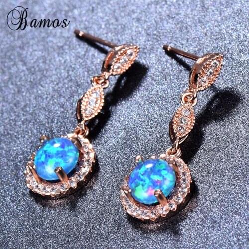 Bamos Blue/White Fire Opal Drop Earrings For Women Leaf Earrings Silver Color Boho Jewelry Statement Dangle Earrings