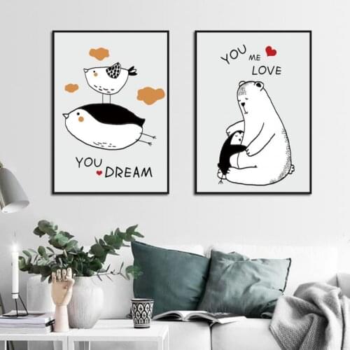 Nordic Minimalist Home Decoration Wall Painting Penguin and Polar Bear Love Modern Frameless Canvas Printing Black White Poster