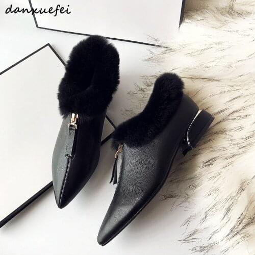 Plus size 33-40 womens winter fur pumps front zip pointed tow warm plush low heel comfortable ladies heeled shoes OLstyle shoes
