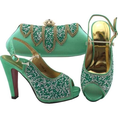 Wonderful water green women pumps match handbag set with rhinestone african shoes and bag for dress FGT002,heel 12CM