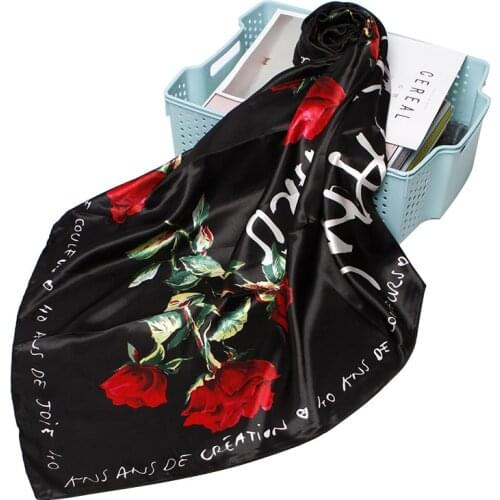 Rose Flower Print Scarf Women Fashion Luxury Hijab Shawl Wraps Black Floral Soft Headband Handkerchief Accessories 90*90cm
