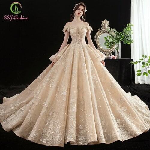 SSYFashion High-end Wedding Dress Bride Luxury Champagne Lace Appliques Beading Court Train Long Wedding Gowns Vestido De Novia