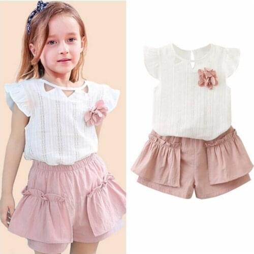 2pcs Baby Girls Clothes Cute Kids Clothes Set Flare Sleeve Solid Print T-shirt Tops+Shorts Suits