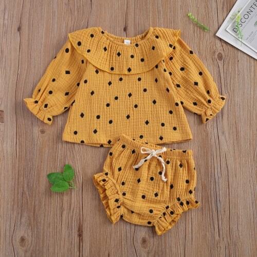 2021 Cotton Casual Baby Girl’s 2Pcs Clothes Set Ruffled Doll Collar Long Sleeve Tops with Elastic Triangle Shorts for Summer