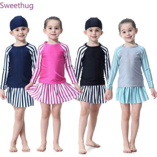 3PC SET Long Sleeve Shirt and Skirt Swimsuit for Muslim Kids Girls Modest Islamic Swimwear UV Protect Striped Beachwear