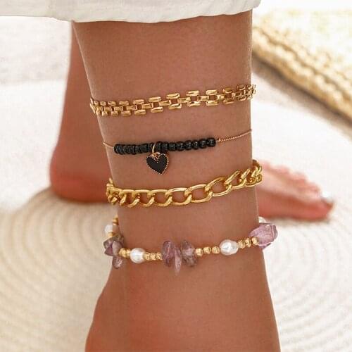 4 Pcs/Set Women Anklets Set Bohemian Pearl Natural Stone Black Bead Heart Geometric Chain Gold Anklet Beach Party Jewelry