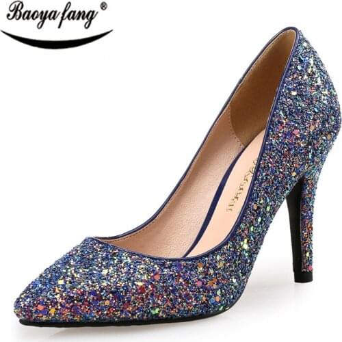 BaoYaFang Bling womens wedding shoes High heels Pumps women fashion shoes Pointed toe ladies shallow Sequined Cloth Female shoes