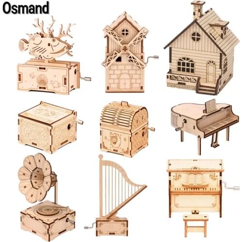3D Wooden Puzzle Hand Crank Car Music Box Laser-cut Model Building Kit Jigsaw Assembly Educational Toys for Kids Xmas Gifts
