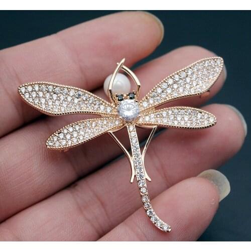 Hermosa Dragonfly Shaped Brooches Pins Shiny White Zircon Women Fashion Jewelry Pretty Girls Gift