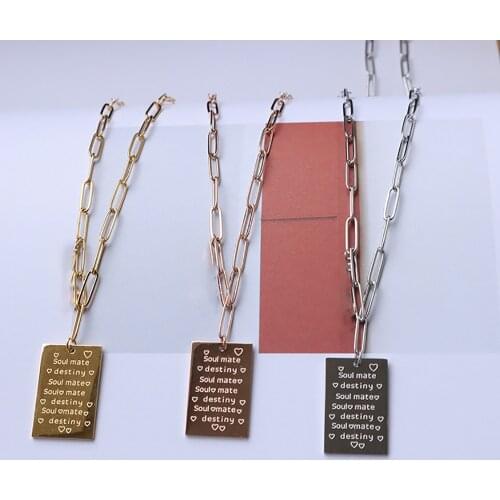 HUHUI Custom Engraved Love Letter Necklace Personalized Rectangle Pendant Necklace Unisex Couple Jewelry Valentines Day Gift