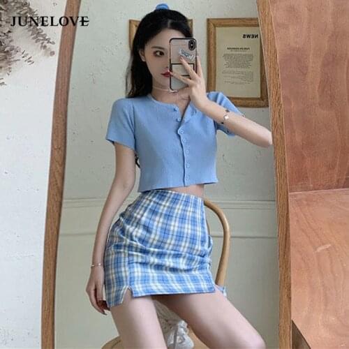 JuneLove Women Summer Sexy Split Bodycon Skirts +Knitted Short Sleeve Cardign 2 Pieces Sets Korean Fashion Street Ladies Suits