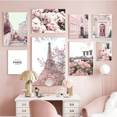 Pink Building Scenery Picture Canvas Painting Nordic Flower Wall Art Poster and Print for Modern Home Decor Living Room Design
