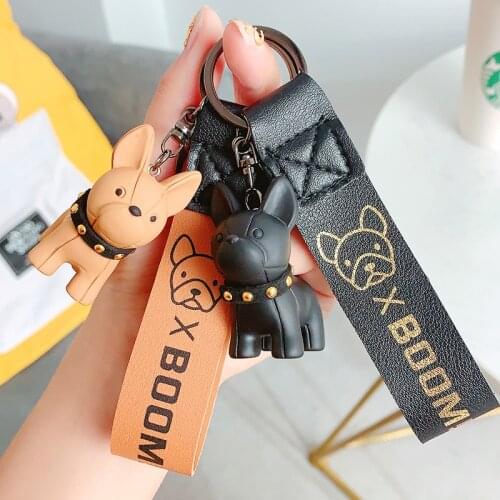 Classic French Punk Bulldog Keychain Men Car Key Ring Key Chain Jewelry PU Leather Dog Keychains for Women Bag Charm Trinket