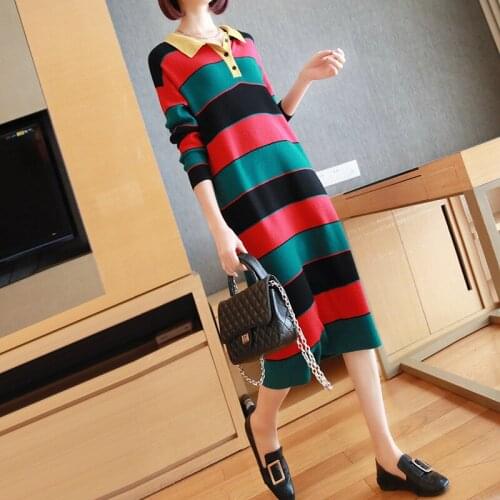Classic Print Striped Brand Fall Dress Women Turn-down Collar Elegant Long Dress Ladies Knitted Sweater Autumn Dress Plus Size