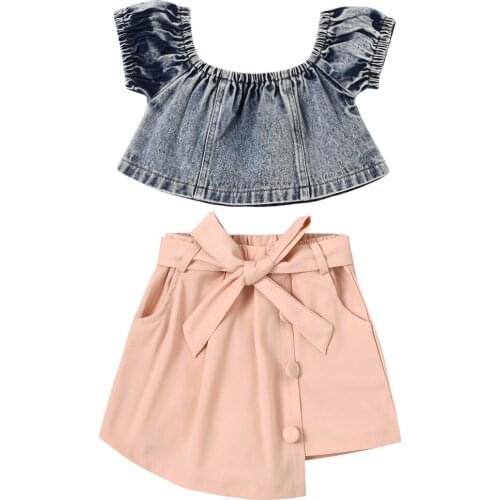 Fashion Infant Kids 2Pcs Outfit Denim Suit Short Sleeves Round Neck Crops Tops Bowknot Irregular Patchwork Skirt Summer 1-6T