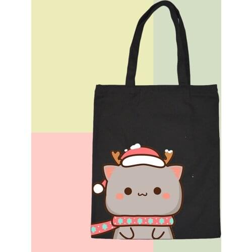 Cute Cartoon Harajuku Shopping Black Bags Canvas Tote Bag Vintage Reusable Cloth Totes Handbag Shoulder Package Foldable Ulzzang