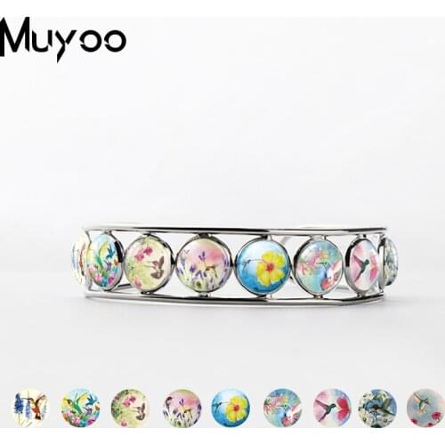 New Flower Hummingbird Glass Cabochon Bird Paintings Print Bangles Lovely Birds Adjustable Bangle Cuff