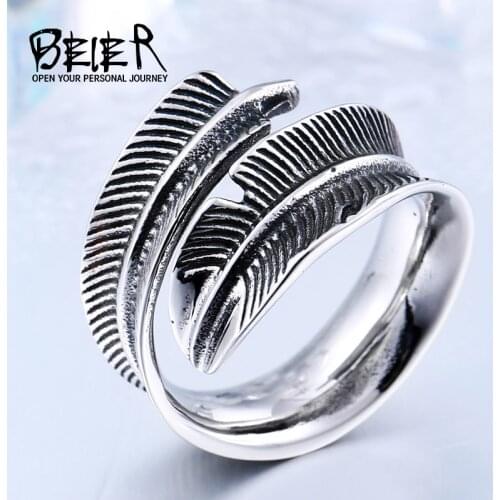 BEIER 2018 New Arrival Adjustable Feather Ring Stainless Steel VIntage Jewelry For Man Woman Fashion product BR8-276 US Size