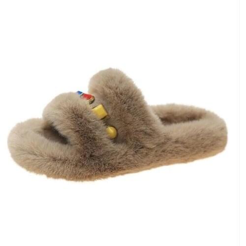 Autumn furry warm slippers women thick heel plush outer womens shoes flat non-slip outdoor fur slide fashion womens slippers