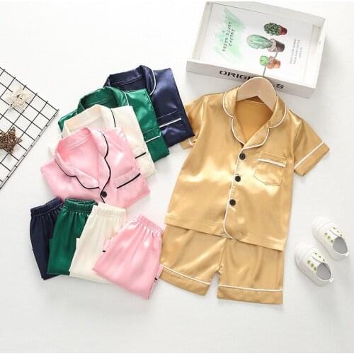 Childrens Pajamas Suit Summer Ice Silk Thin Home Service Clothing Boys And Girls Short-sleeved Solid Color Sleepwear Pyjamas