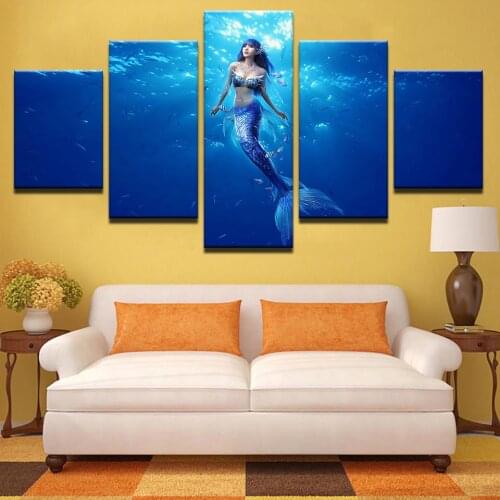Mermaid in Blue Ocean under Sea World HD Prints Canvas Painting For Living Room 5 Pieces Wall Decoration Art Picture Modular