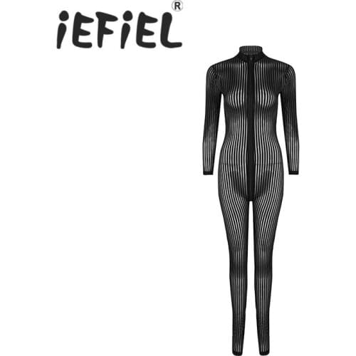 Sexy Women Striped Lingerie Long Sleeves Double Zipper Sheer Smooth Open Crotch Catsuit Bodysuit Nightwear Clubwear Underwear