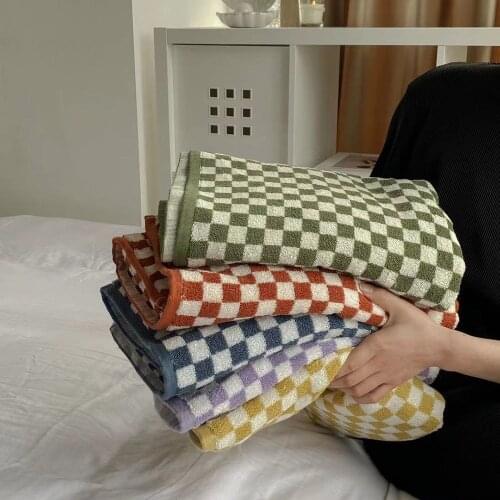 Vintage Ins Style Chessboard Lattice Long Staple Cotton Face Wash Towel Home Cute Bath Towel Absorbent Large Towel Stripe Gift