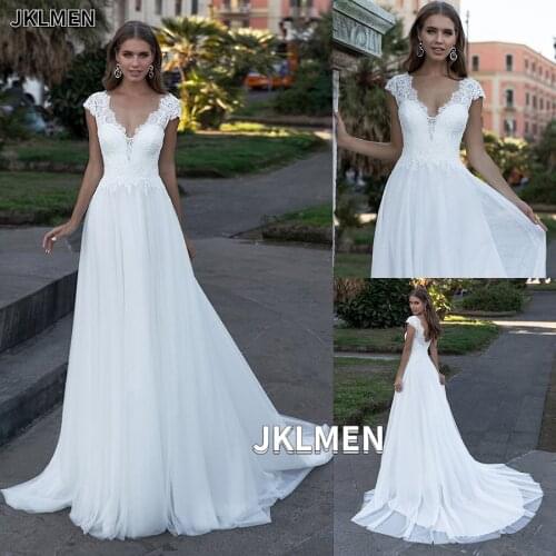 2021 Bohemian Wedding Dress V-Neck Cap Sleeves A-Line Boho Simple Bridal Gowns Vestido De Noiva Bridal Party Beach Dress