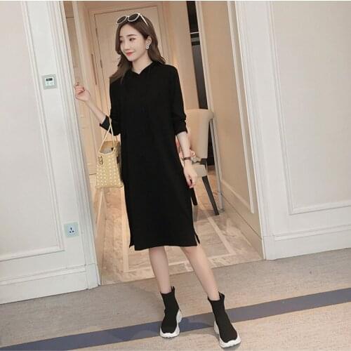 #2139 Spring Autumn Cotton Long Sleeve Hoodies Tshirts Dresses Women Casual Loose T-shirt Dress Female Side Split Hooded Dresses