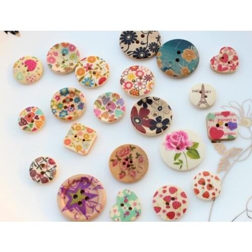 400pcs 15-25mm Floral painted Round ,heart ,square wood buttons Pendants cabs sampler set