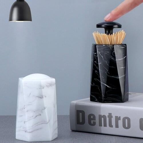 JINSERTA Marbled Toothpick Storage Box Resin Luxury Press Automatic Push Toothpick Holder Home Living Room Kitchen Decor Box