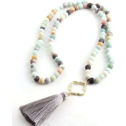 Free Shipping Fashio Frosted Amazonite Stone Spade and Gray Tassel Punk Necklaces For Women Lariat Necklace