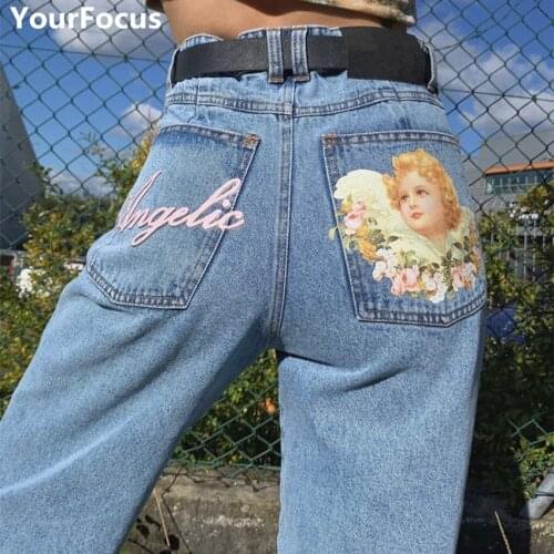Retro denim loose Mom jeans y2k pants pocket Angel print baby blue high waisted pants women pantalon